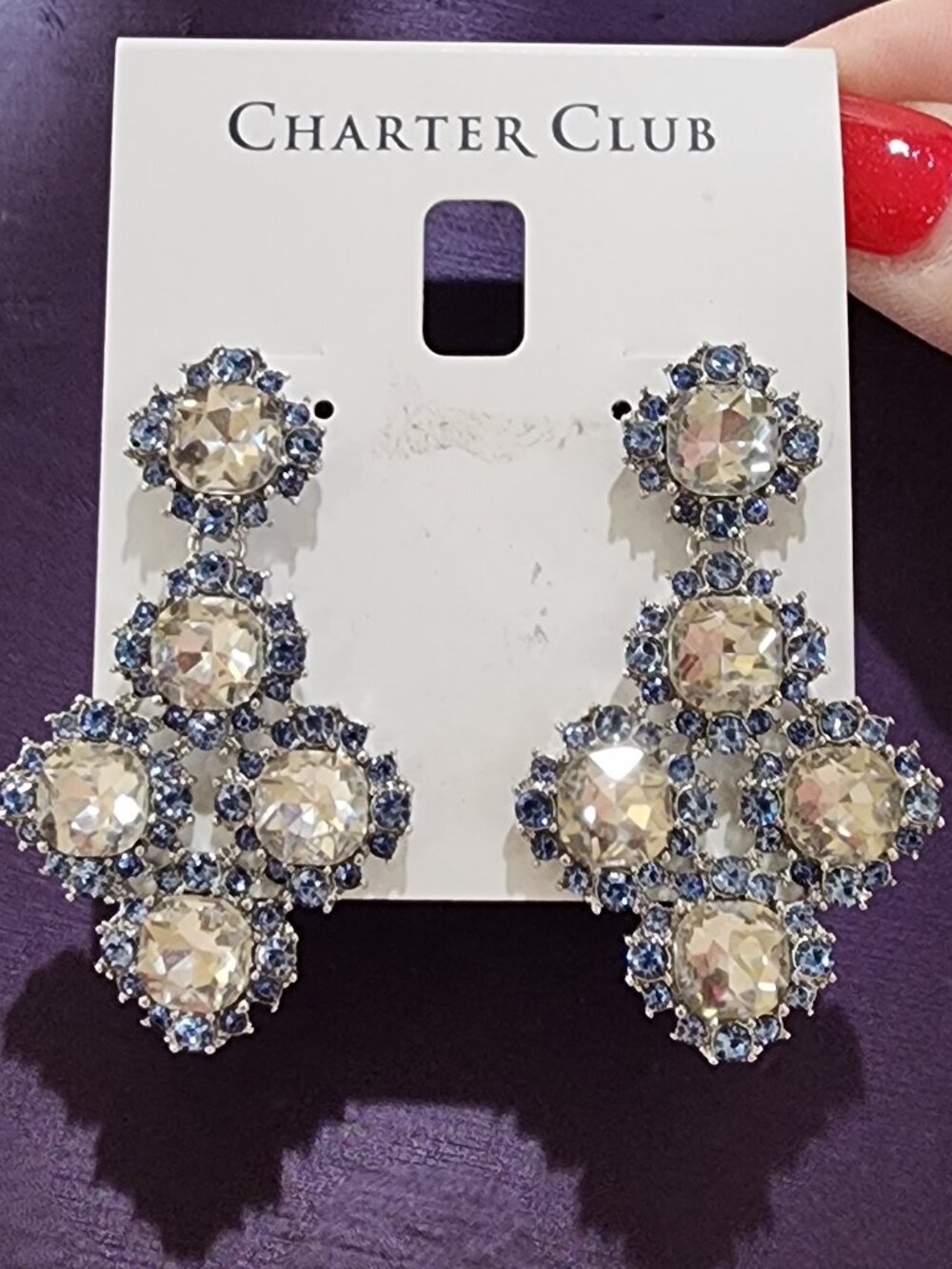 NWT Blue White Dramatic Rhinestone Dangle Drop Chandelier Pierced Earrings